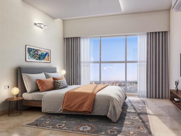 luxury bedroom with bed and amazing view