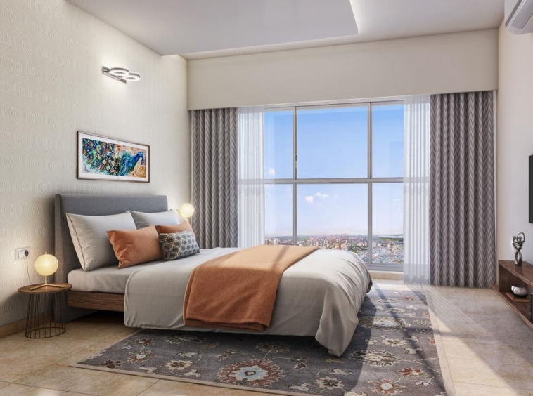 luxury bedroom with bed and amazing view