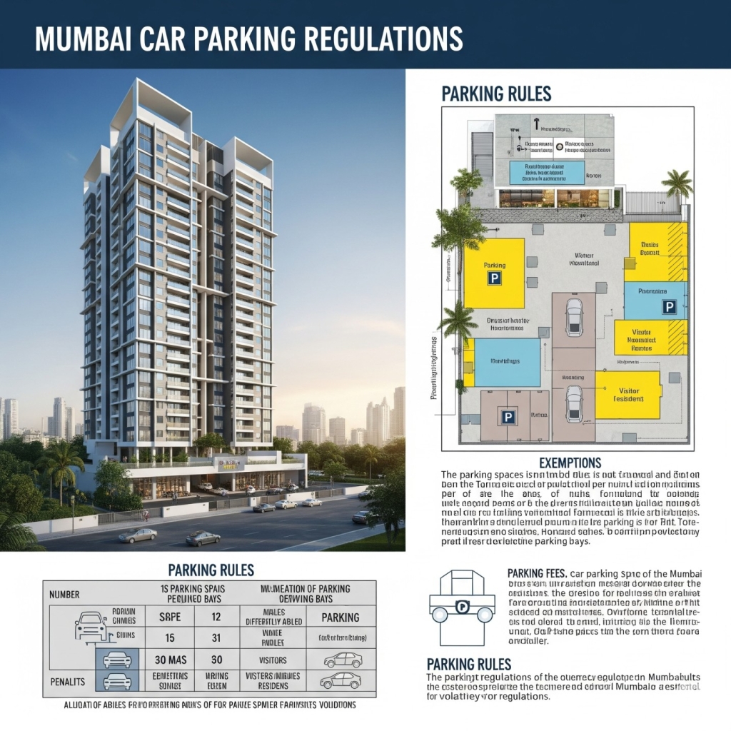 Modern Mumbai residential building with clear car parking spaces and a graphic explaining DC rules for homebuyers and builders