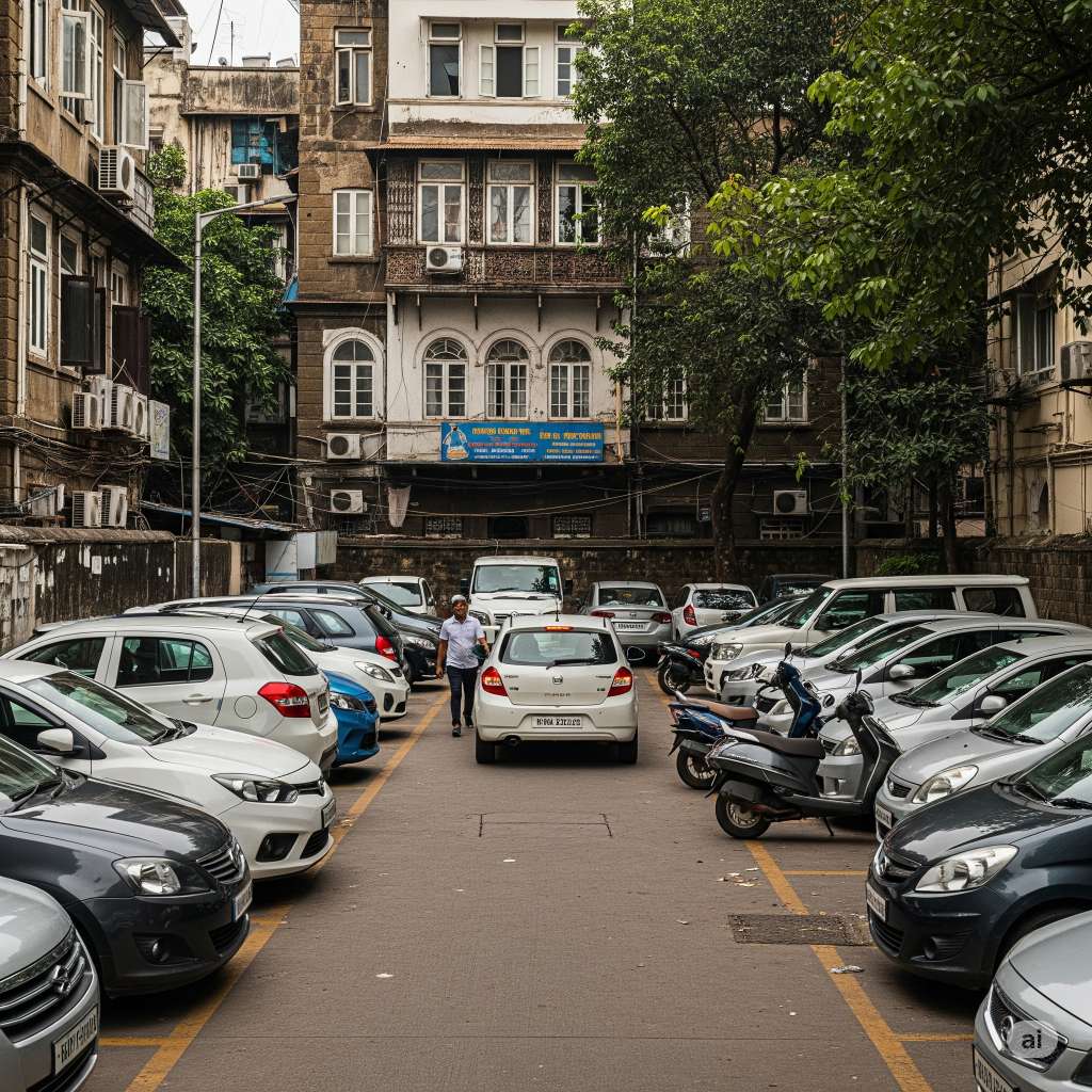 A street-level view of a typical car parking area in Mumbai, illustrating the challenges of parking in a crowded urban environment. Various makes and models of cars are parked haphazardly, some in cramped spaces, with a few scooters also present. The scene offers a glimpse of the typical car parking scenario in Mumbai, with parked cars against the backdrop of old heritage buildings, capturing the sense of a crowded environment where parking is always a challenge.