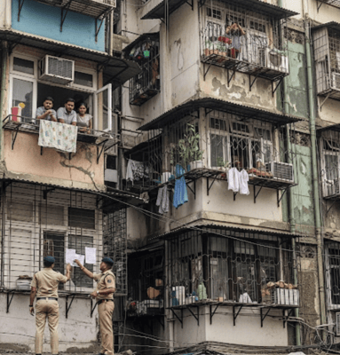 Mumbai building with illegal extensions, BMC officers posting eviction notices, and concerned residents.